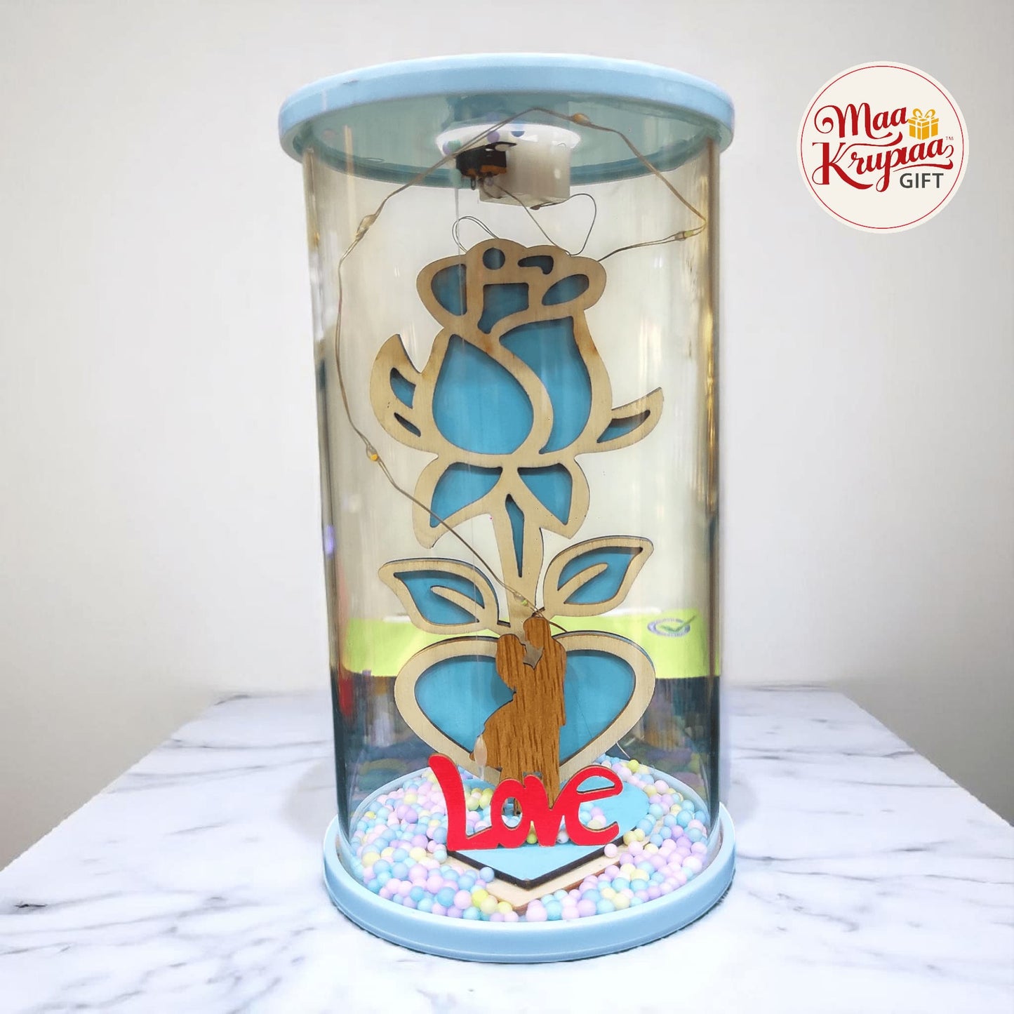 WOODEN BLUE ROSE LOVE COUPLE SHOWPIECE IN CYLINDER GLASS DOME LV1300 L39