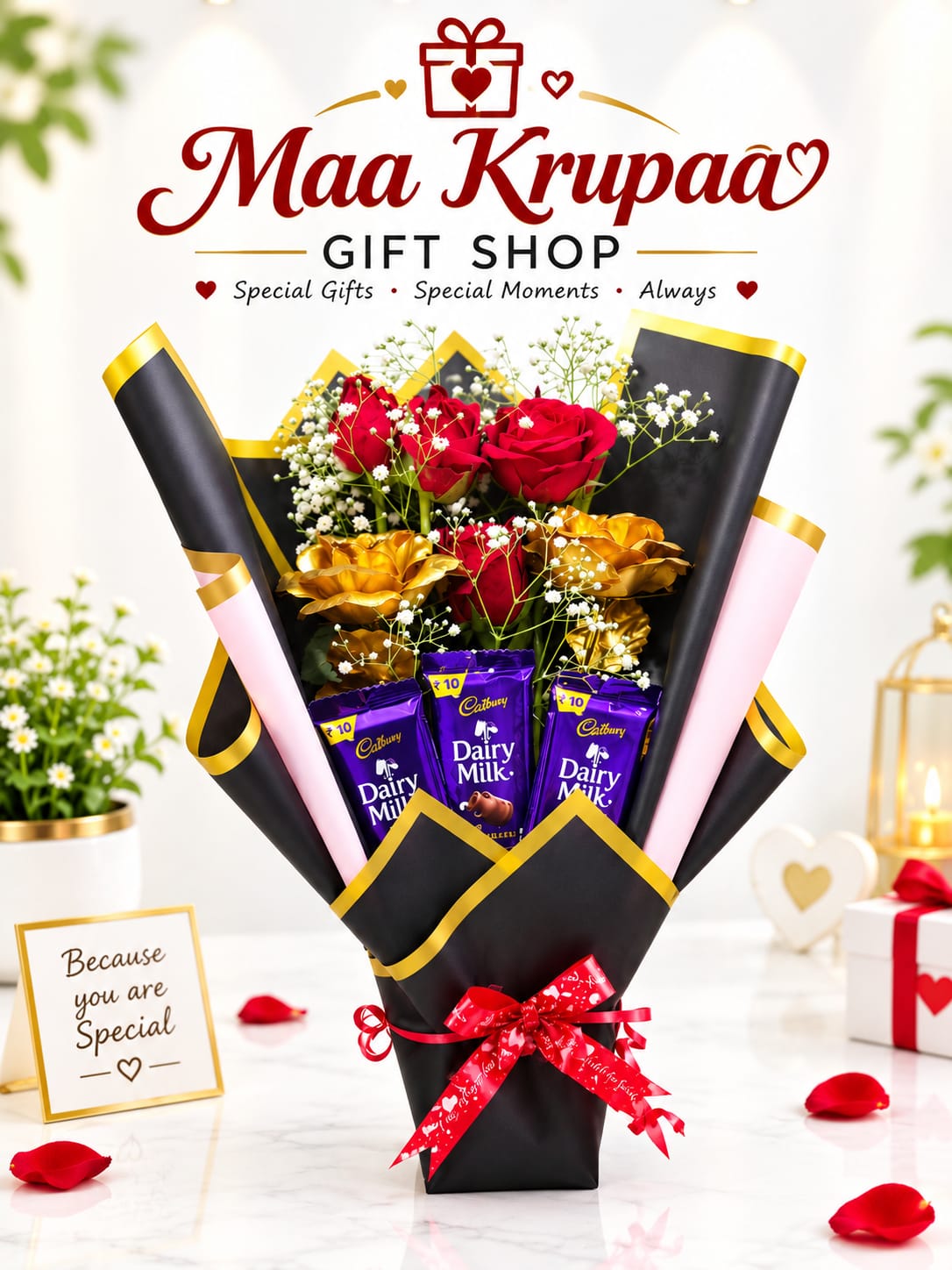 LOVE BOUQUE WITH CHOCLATES AND GOLDEN AND ORIGNAL ROSE