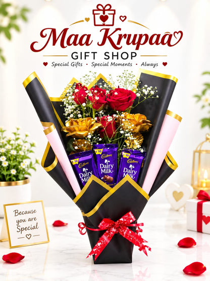 LOVE BOUQUE WITH CHOCLATES AND GOLDEN AND ORIGNAL ROSE