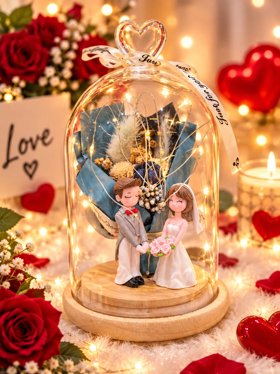 LIGHT LOVE SHOWPIECE WITH MINI BOUQUE AND COUPLE LS26