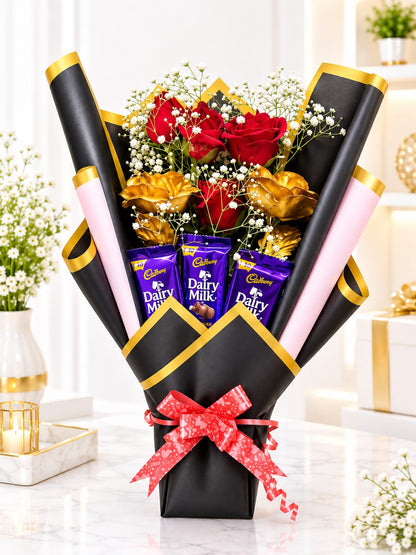 LOVE BOUQUE WITH CHOCLATES AND GOLDEN AND ORIGNAL ROSE