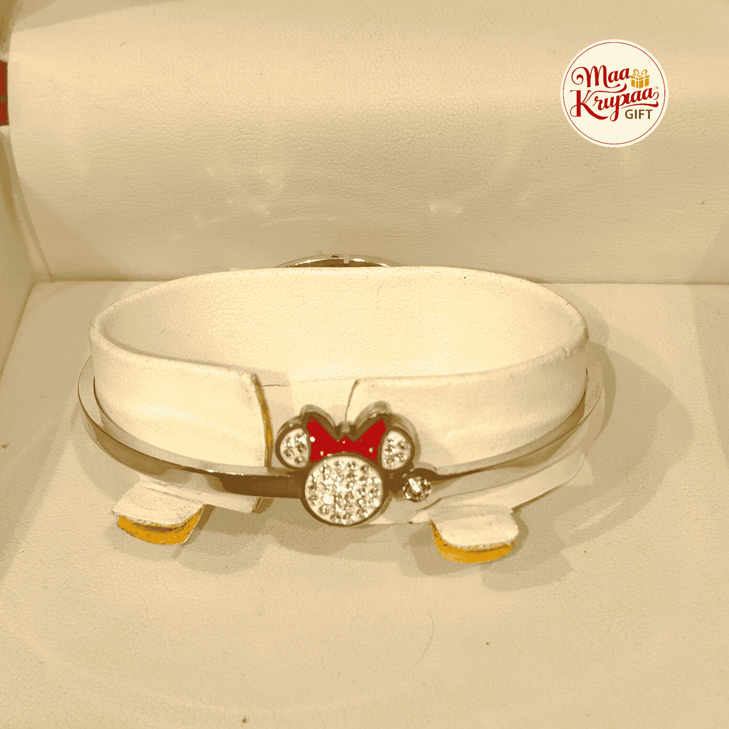 WHITE LEATHER GOLD-TONE BRACELET WITH EMBELLISHED SNAKE CHARM 1251 J13