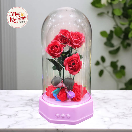 ROMANTIC RED ROSE COUPLE SHOWPIECE IN GLASS DOME WITH LIGHT, MUSIC & BLUETOOTH LV2250 L40