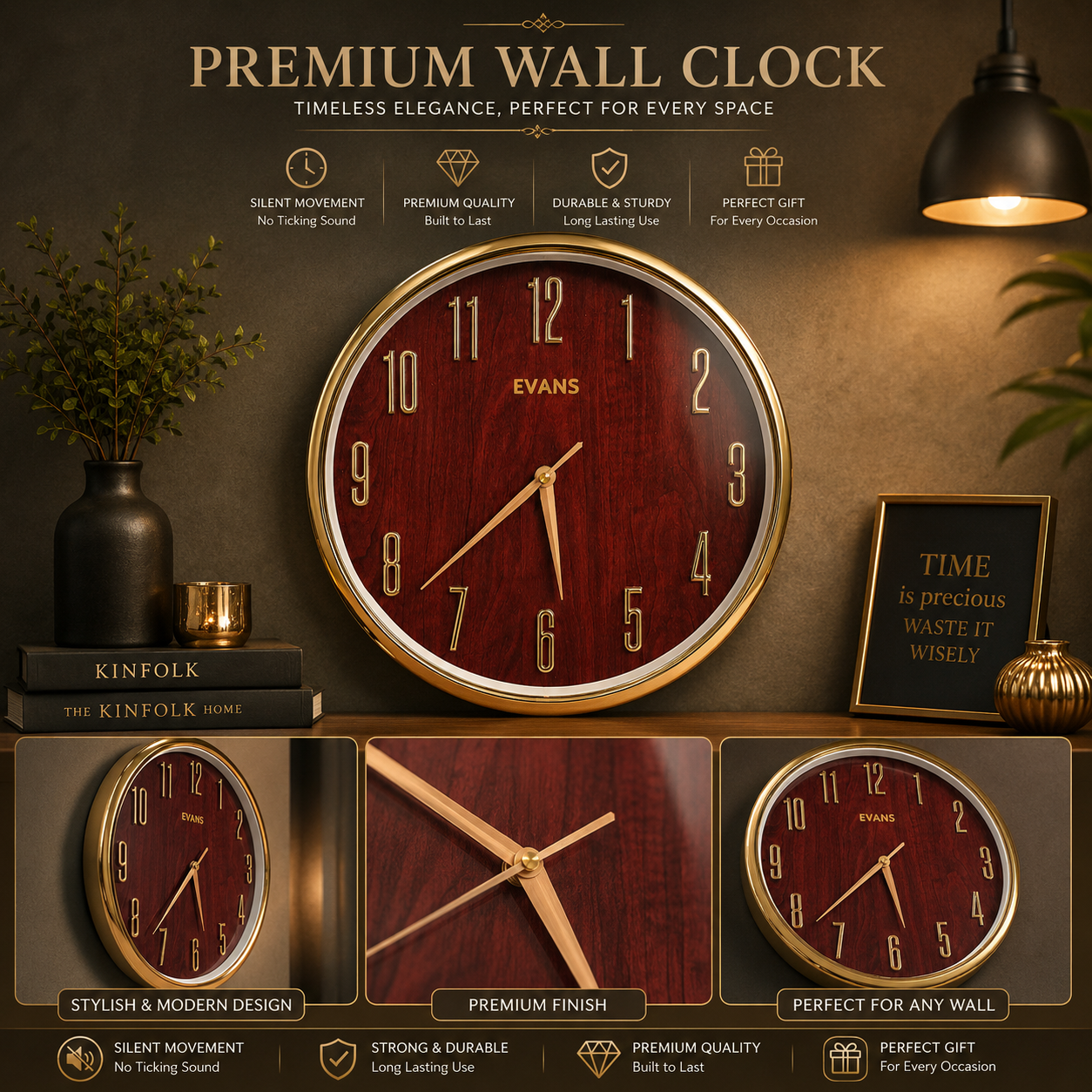 EVANS RED AND GOLDEN COLOUR PEIMIUM WALL CLOCK MK83