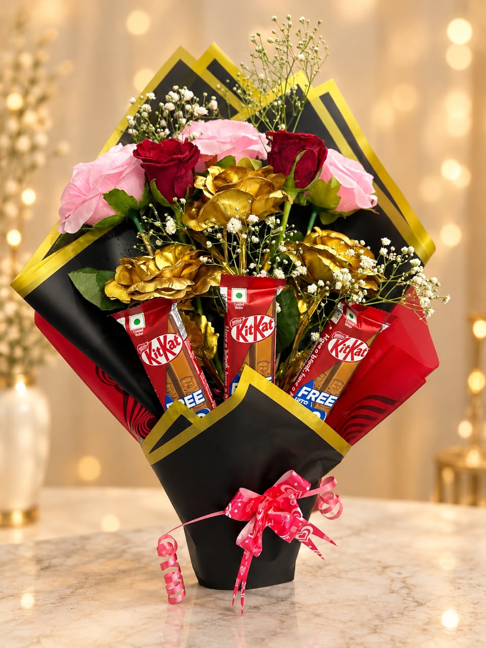 CHOCLATES AND PINK, RED, GOLDEN ROSE BEAUTIFUL FLOWER BOUQUE