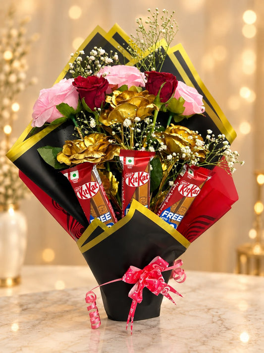 CHOCLATES AND PINK, RED, GOLDEN ROSE BEAUTIFUL FLOWER BOUQUE