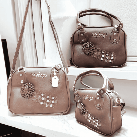 MYBAGS DESIGNER HANDBAG SET WITH STONE EMBELLISHMENT - BROWN COLOR 1438 LP10