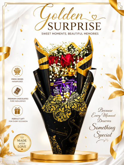 GOLDEN AND BLACK LOVE BOUQUE WITH CHOCLATES
