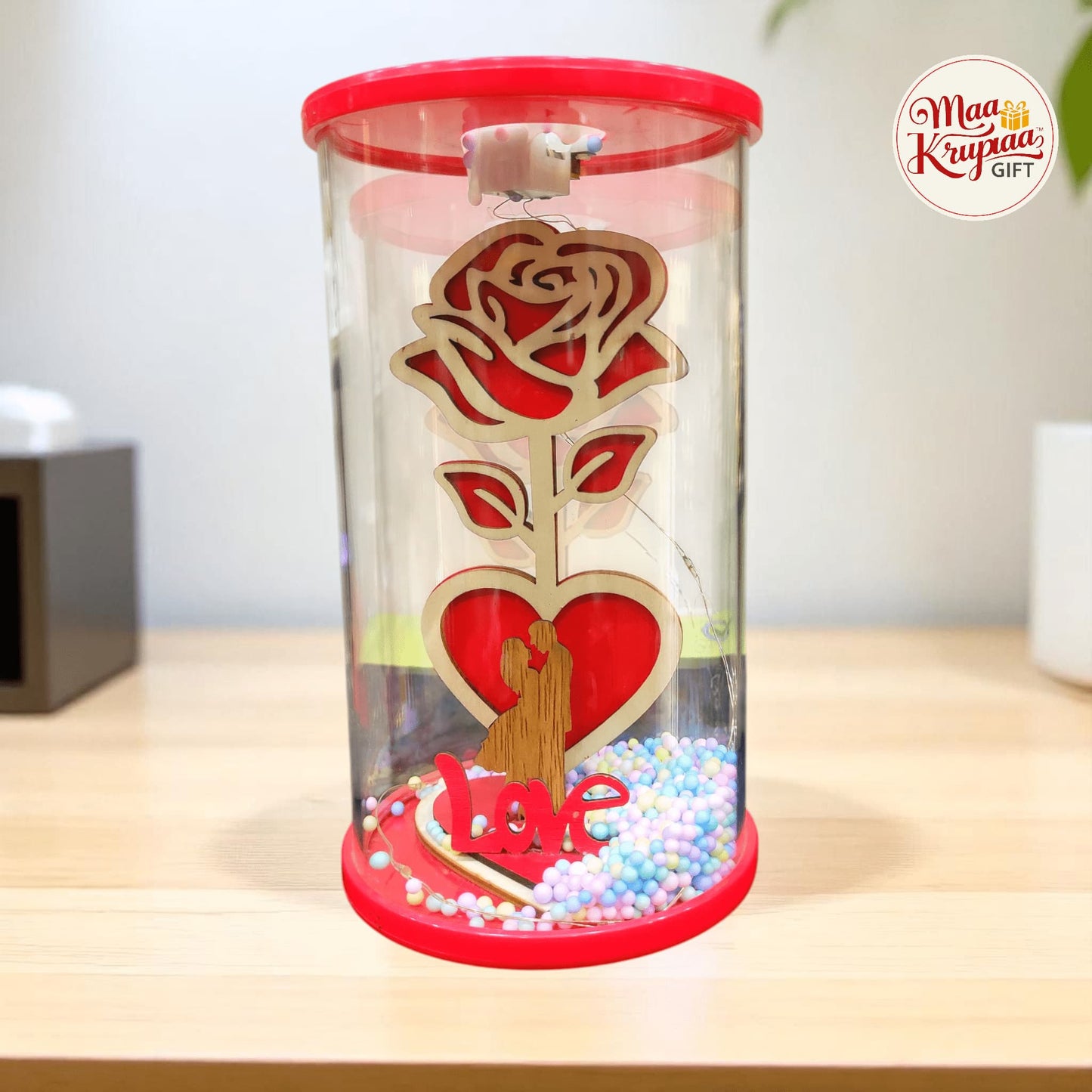 WOODEN ROSE LOVE COUPLE SHOWPIECE IN CYLINDER GLASS DOME LV1300 L37