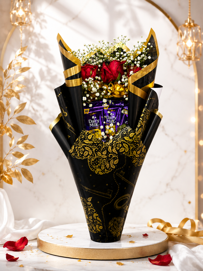 GOLDEN AND BLACK LOVE BOUQUE WITH CHOCLATES