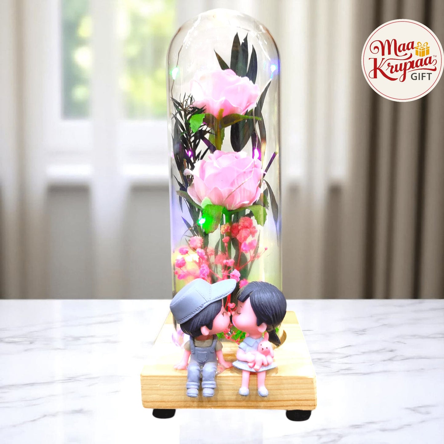 ROMANTIC COUPLE DOME DECOR WITH PINK ROSES AND LED LIGHTS LV2150 L34