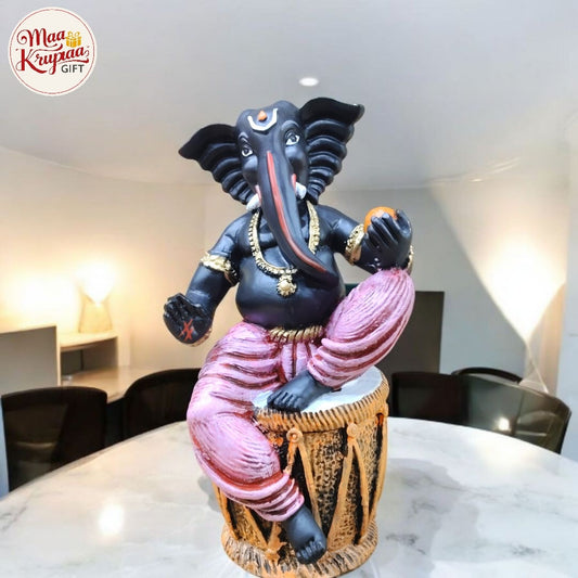 Karigaari India Handcrafted Resine Drum Playing Ganesha Idol Sculpture W267