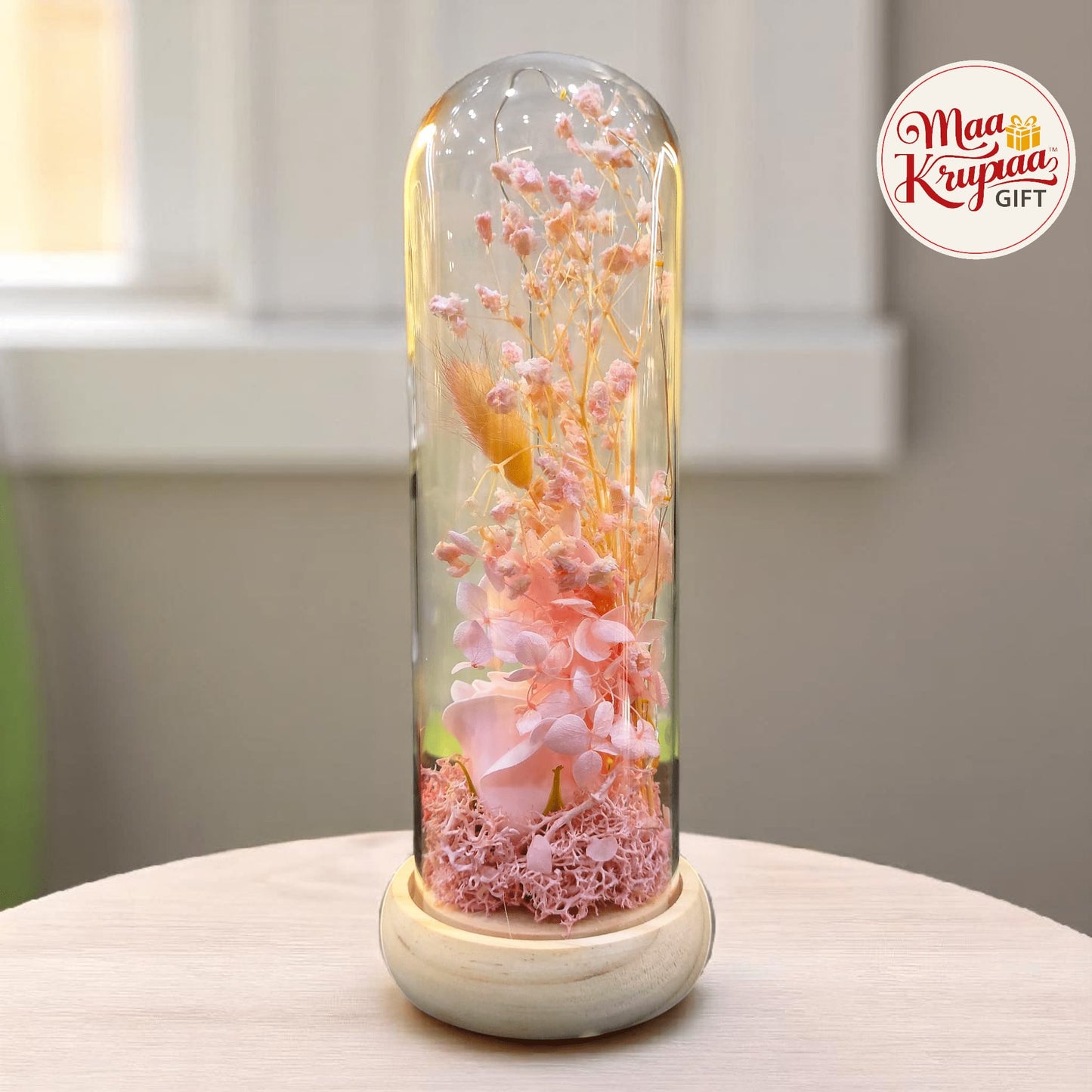 ELEGANT PINK DRIED FLOWER DOME WITH LED LIGHTS – WOODEN BASE LV1100 L32